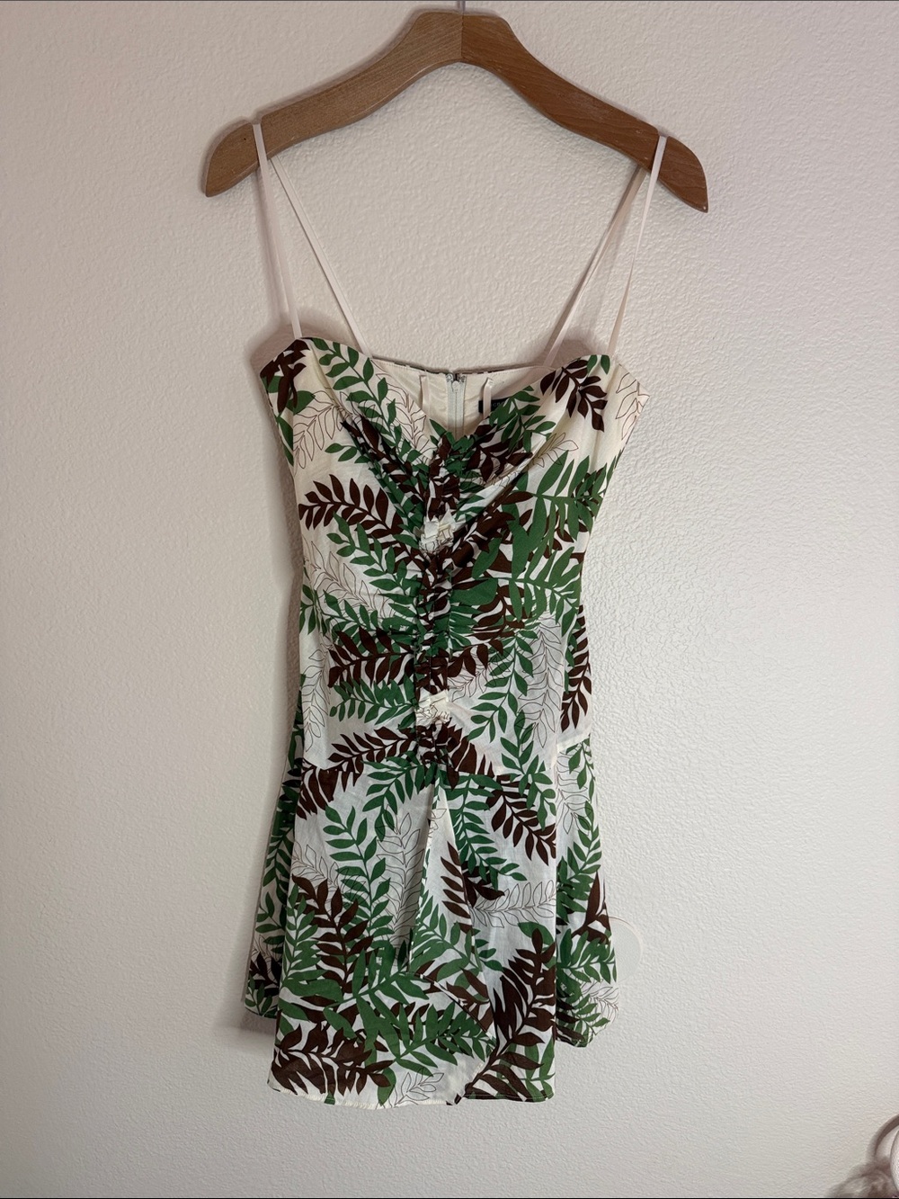BCBGMaxAzria Leaf Print Spaghetti Strap Mini Dress - Cream, Green & Brown